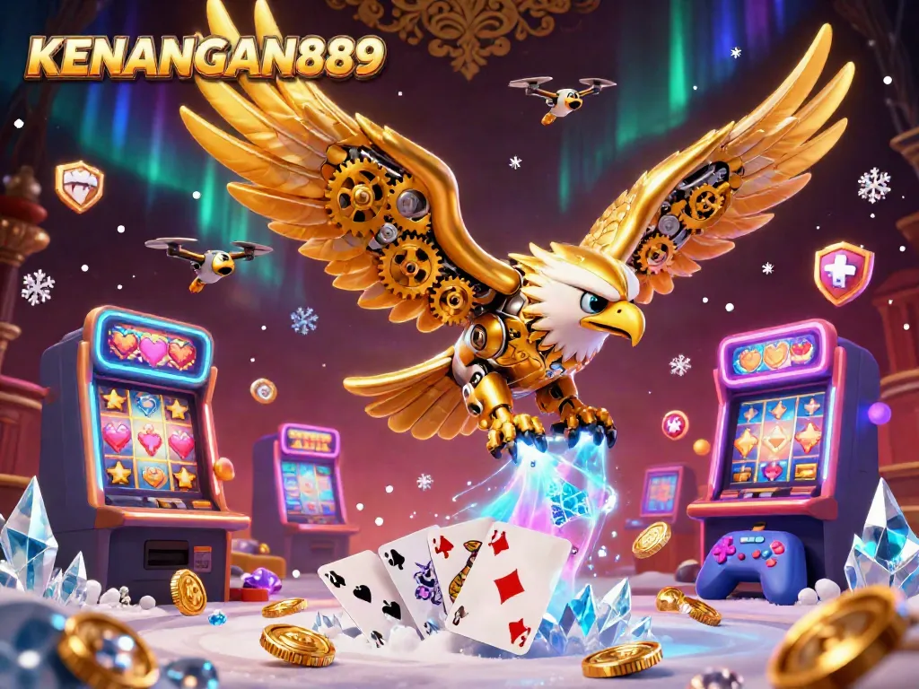 Engage with KENANGAN889 through an immersive 3D casino scene featuring a golden eagle, gaming elements, and vibrant visuals.