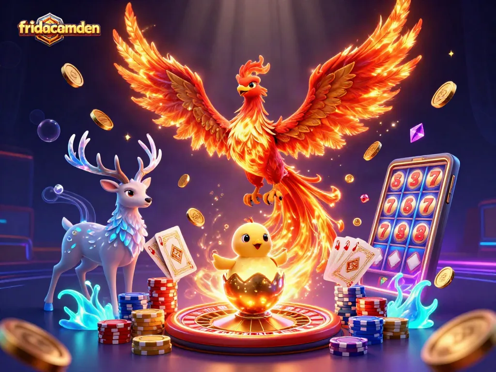 Engage in fridacamden's vibrant 3D casino scene filled with colorful gaming elements and energetic characters.