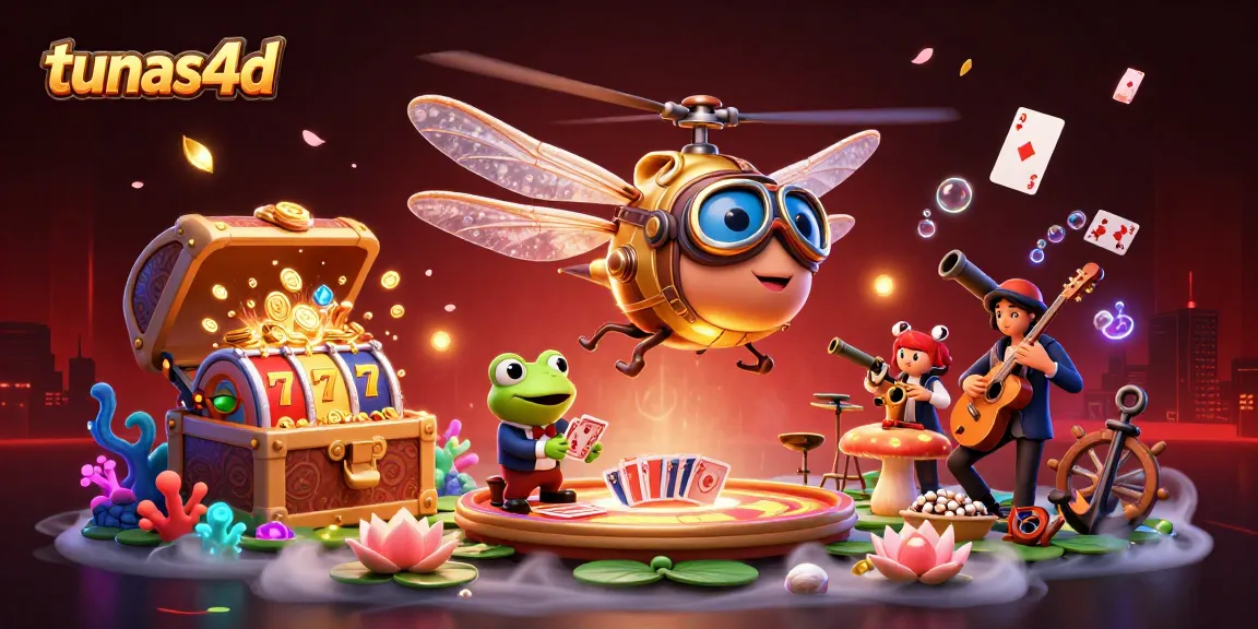 Play exciting games with tunas4d at this vibrant lily pad casino scene featuring unique characters.