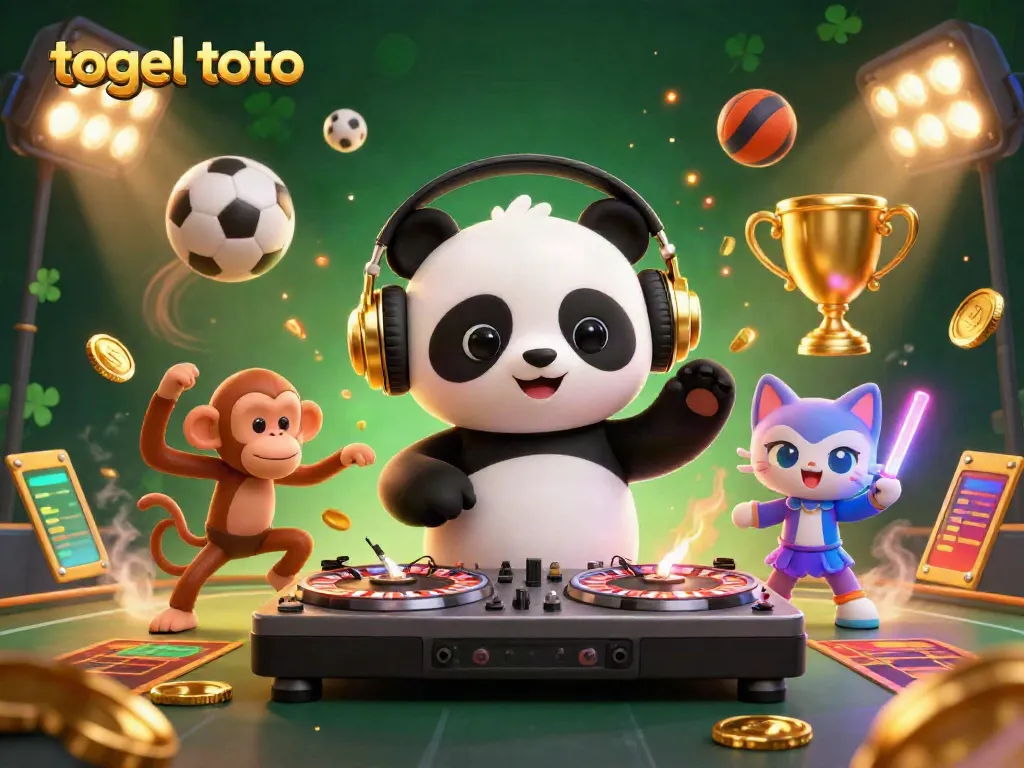 Ilustrasi ceria tentang togel toto dengan panda DJ, monyet menari, dan kucing dalam pemandangan kasino yang meriah.