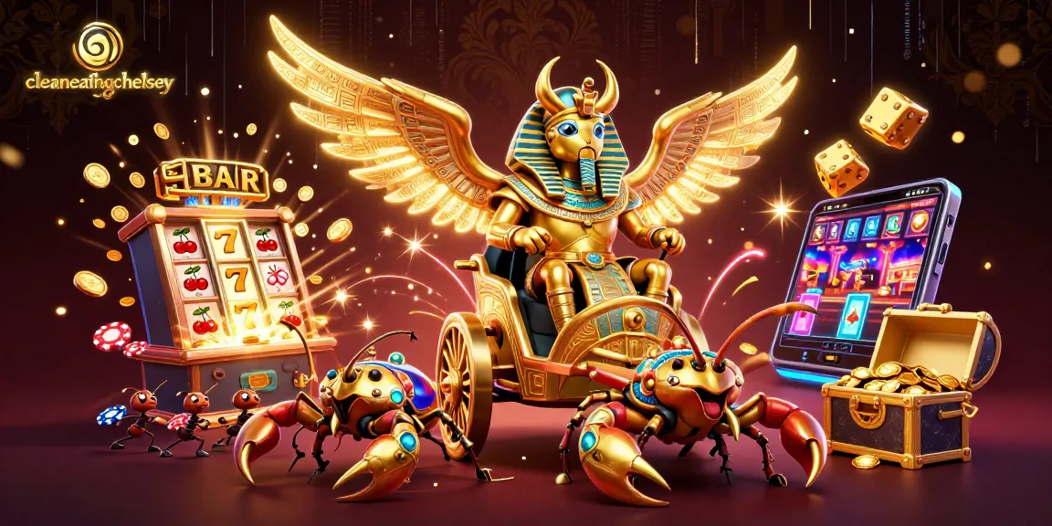 cleaneatingchelsey showcases an exciting 3D casino scene featuring a golden scarab beetle amidst a jackpot frenzy.