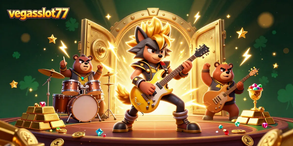 Vegasslot77 menghadirkan ilustrasi kasino yang semarak dengan karakter rock star dan beruang, serta elemen judi mengagumkan.