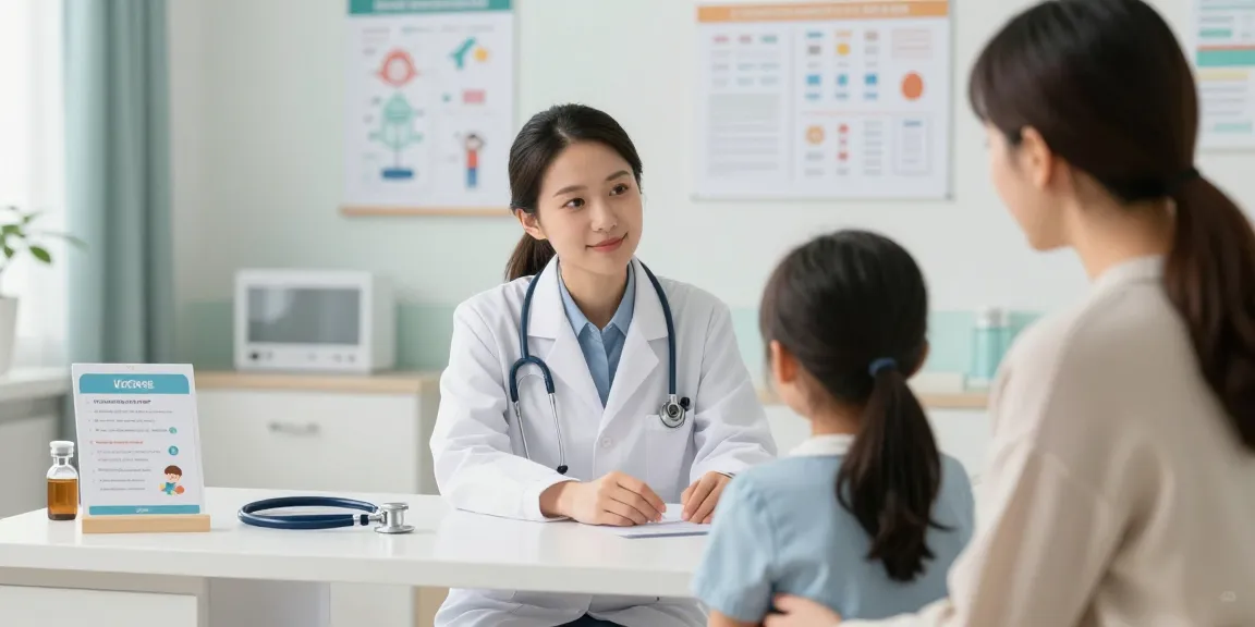 Child vaccination importance emphasized in a doctor's consultation with patient in a welcoming healthcare clinic.