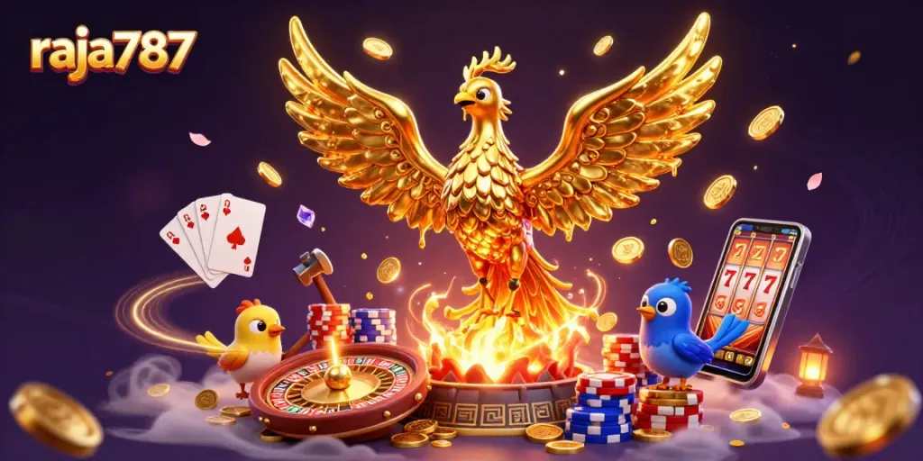 Memenangkan jackpot di raja787 sambil dikelilingi oleh koin emas dan jackpot slot yang bersinar
