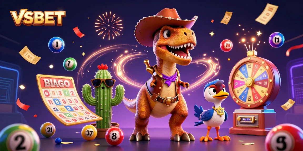 Join the fun at VSBET with a dynamic illustration of a T-Rex cowboy, a cactus, and a roadrunner amidst a vibrant casino theme.