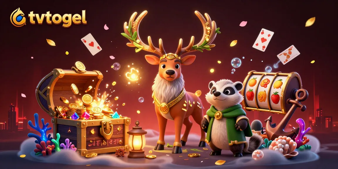 Engage with tvtogel's online lottery magic through vibrant illustrations blending fantasy and gaming.