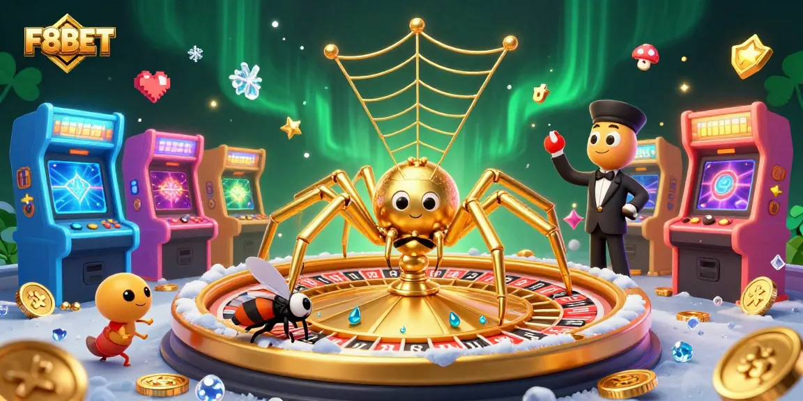 F8BET features a golden spider and centipede croupier amidst colorful casino elements.
