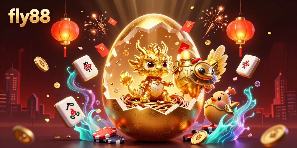 Engage in the thrilling adventures at fly88 with a golden dragon protecting poker chips amidst festive casino elements.