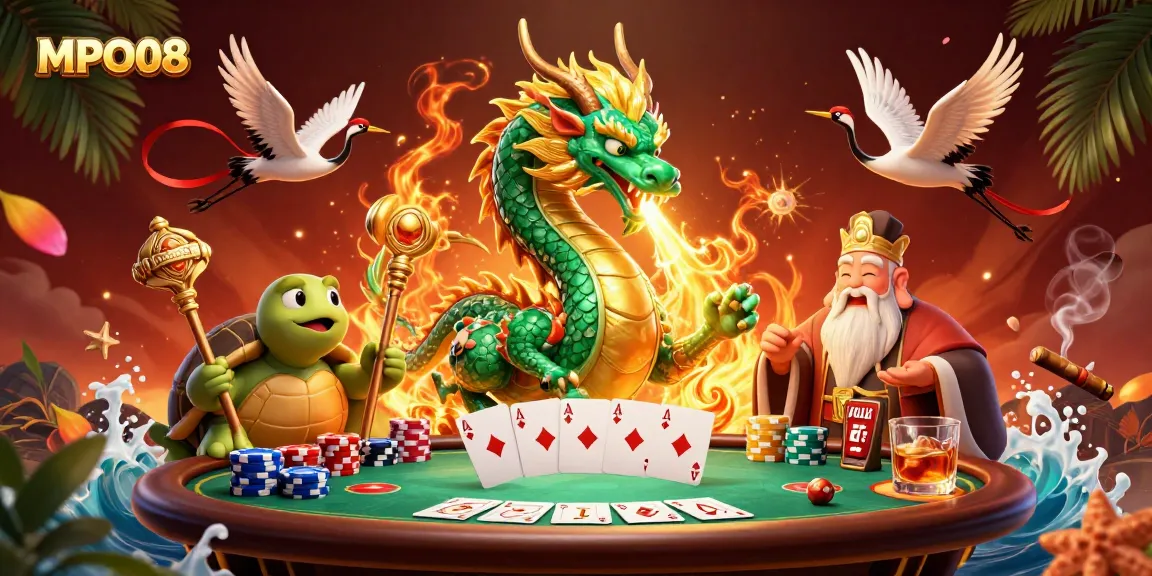 MPO08 showcases a vibrant casino scene featuring majestic characters, poker elements, and captivating details.