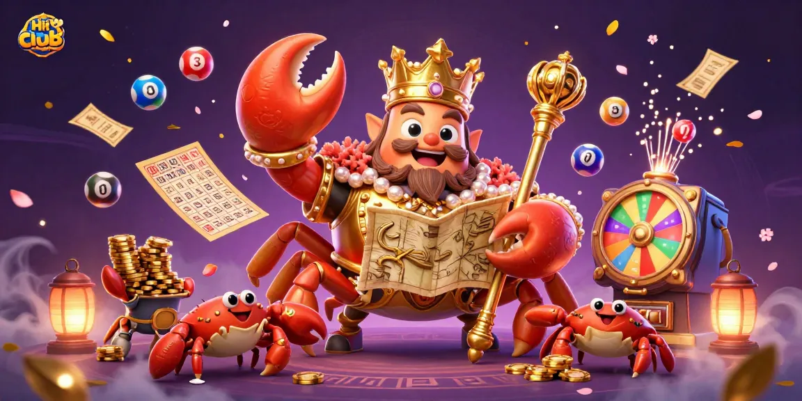 Hit Club showcases a vibrant 3D gaming illustration featuring a golden crab emperor and dynamic casino elements.