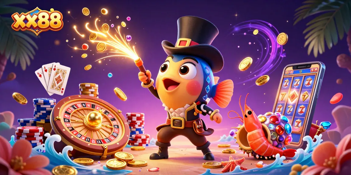 Engage and win at xx88 with a vibrant 3D casino scene featuring anglerfish and treasures.