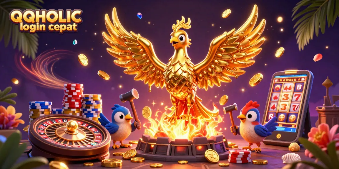 Experience QQHOLIC login cepat with an engaging scene of a golden phoenix amidst dynamic casino elements.