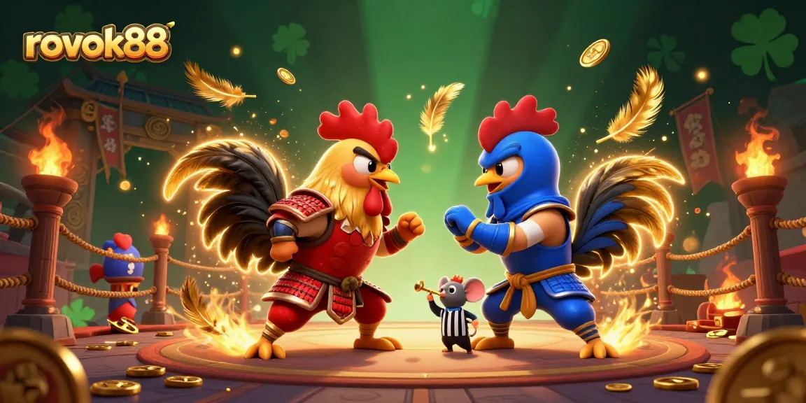 Experience excitement with rokok88's cartoon rooster showdown in a dynamic gaming arena.