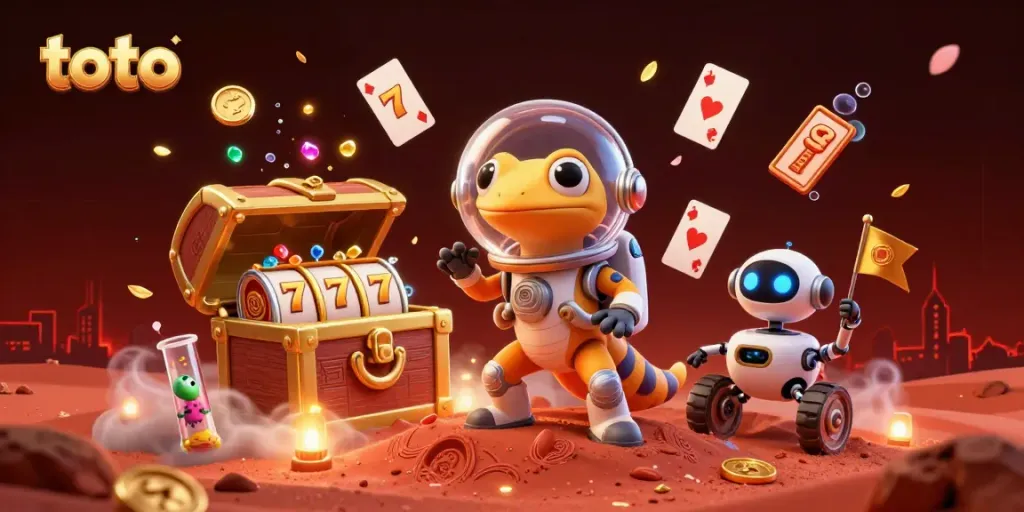 Menggali kasino emas yang tersembunyi di Mars dengan karakter toto yang menarik, dikelilingi oleh simbol keberuntungan.