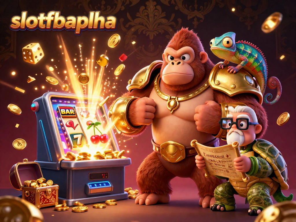 Engaging scene depicting slotfbalpha with a gorilla king, chameleon, and tortoise amidst a vibrant casino atmosphere.