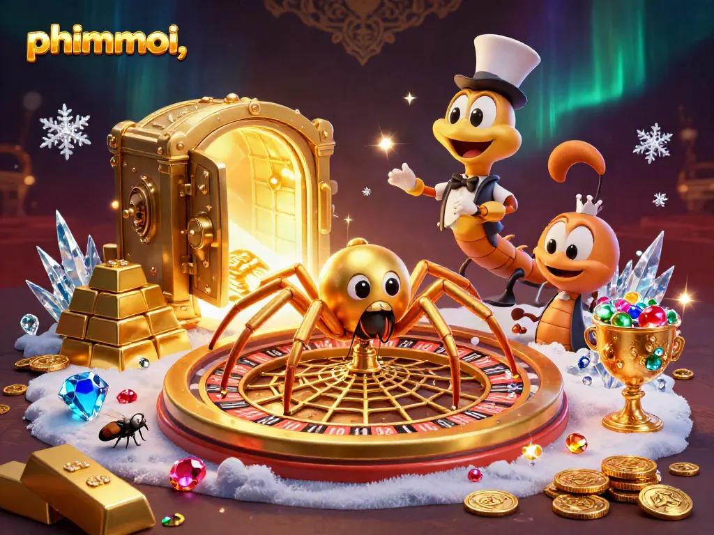 Engage with phimmoi,, through a thrilling golden roulette wheel scene featuring animated gambling characters.