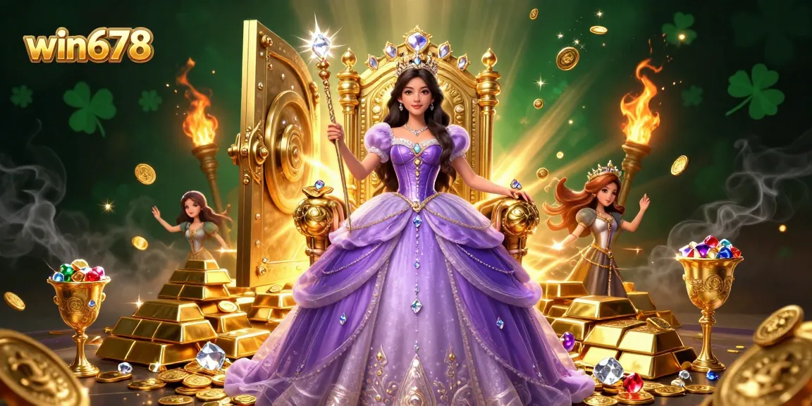 Experience the thrilling excitement of win678 with a beautiful Asian princess amid gold and jewels, perfect for casino adventures.