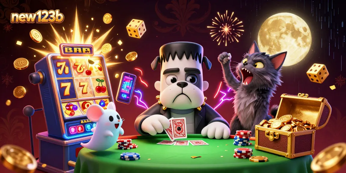 Engage with new123b at an exciting casino table featuring a Frankenstein bulldog dealer and jackpot animations.