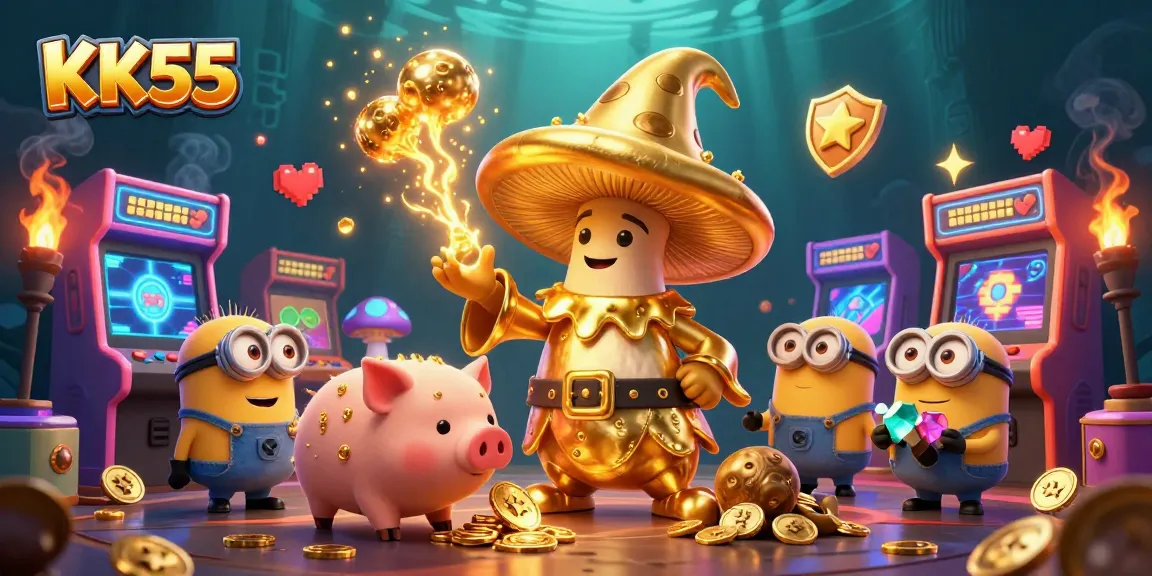 Players explore KK55 casino with a magical golden mushroom wizard and treasure-seeking pig.
