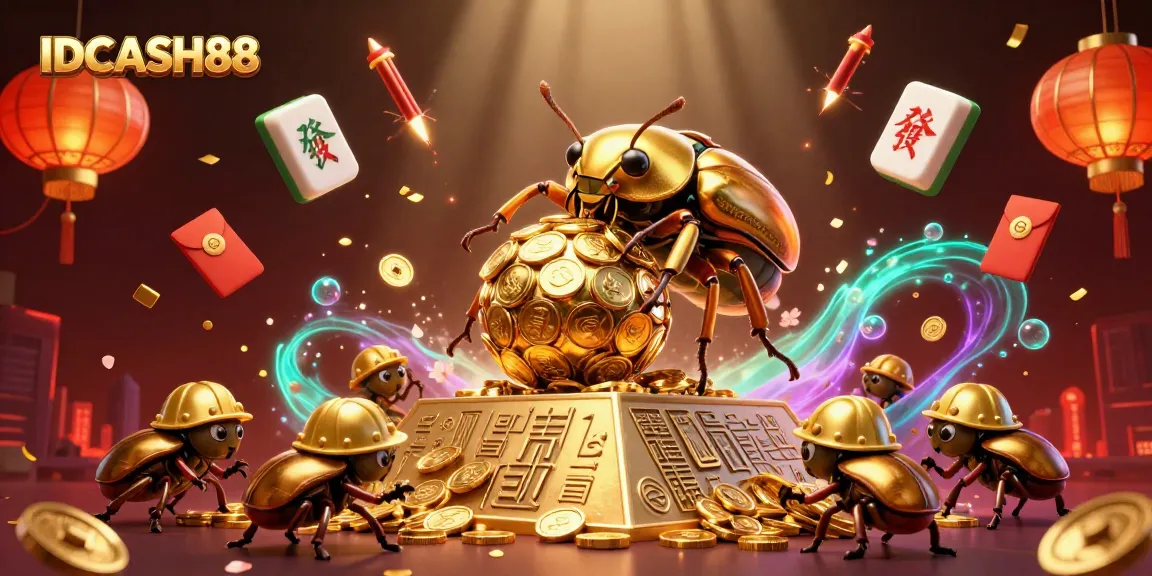 Experience engaging gameplay with IDCASH88, a vibrant 3D illustration of a golden beetle in a dynamic casino setting.