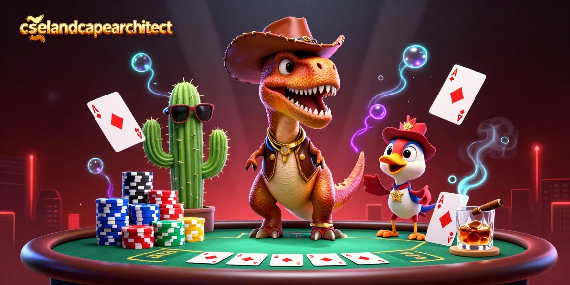 Experience thrilling gameplay at cselandscapearchitect with a T-Rex dealer amidst poker chips and cards.