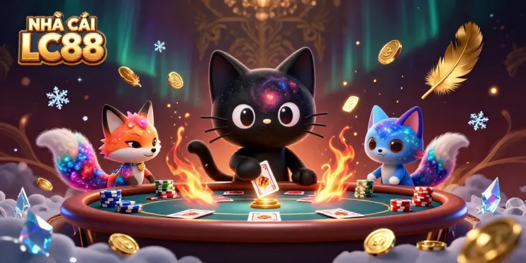 Engage with the cosmic casino action at NHÀ CÁI LC88 featuring animated characters and vibrant gaming elements.