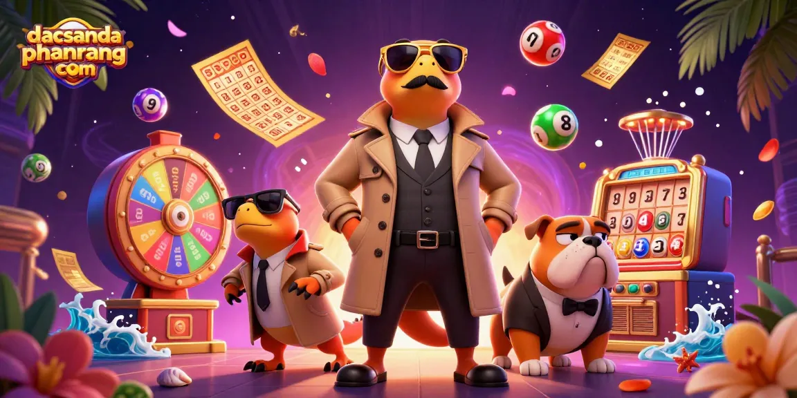 Engage in high-stakes gameplay at dacsandatphanrang com with cartoon characters amid colorful lottery elements.
