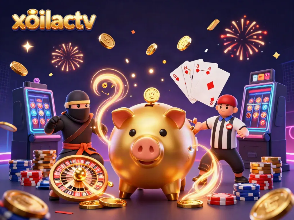 xoilactv showcases a vibrant 3D casino scene filled with dynamic characters, golden coins, and rich gaming elements.