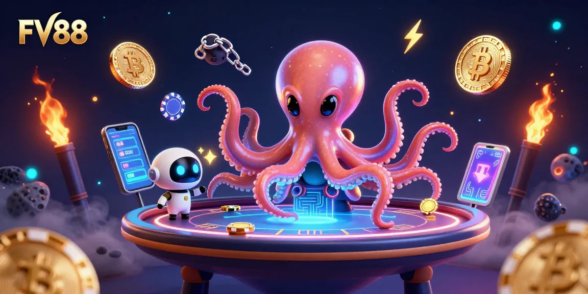 FV88 showcases an energetic scene with an alien octopus and robot playing poker amidst floating cryptocurrency elements.