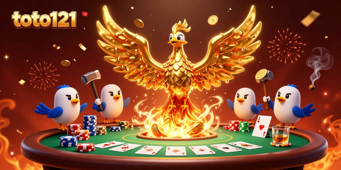 Permainan toto121 dengan phoenix emas yang meleleh dan chip poker berwarna-warni.