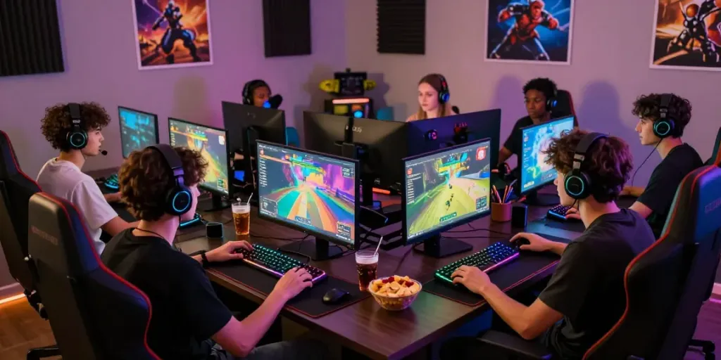 Friends enjoying unsurtoto online gaming session with RGB gaming chairs.
