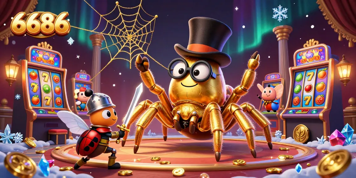 Engage with 6686's vibrant casino world featuring a giant tarantula and beetle knight.