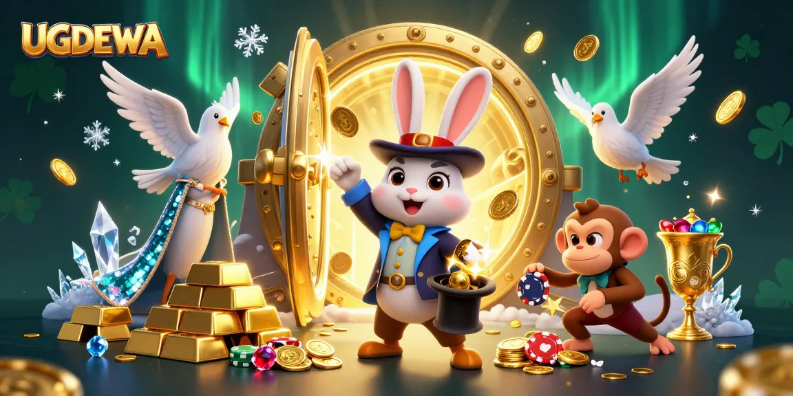 Experience thrilling gaming with UGDEWA, as a magician rabbit pulls coins amidst a dazzling casino environment.