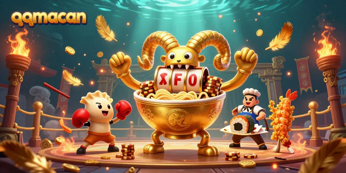 qqmacan champions casino games with playful characters in a vibrant arena filled with gold and excitement.