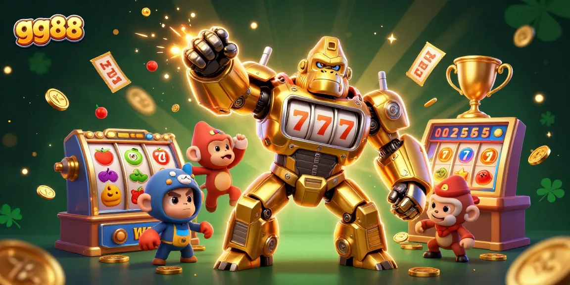 Engage with gg88's thrilling gaming experience featuring a golden gorilla mech amidst dynamic elements.