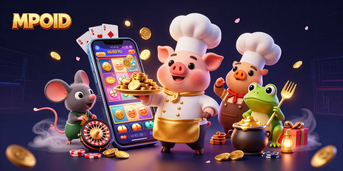 MPOID gamers revel in wins as a chef pig serves gold coins in an engaging casino scene.