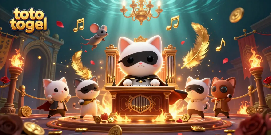 Bermain toto togel dengan karakter kucing putih bergaun topeng di kasino yang gemerlap.