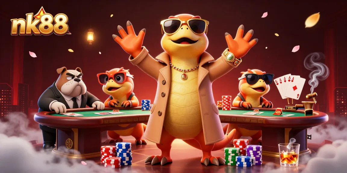 nk88 raptors entering a VIP casino while surrounded by poker accessories, adding fun to the gaming scene