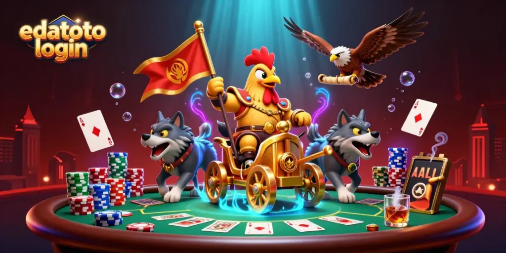 Gambarkan aksi masuk ke edatoto login dengan karakter kartun 3D dan elemen permainan.