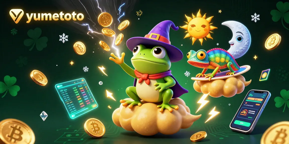 Engage with yumetoto through dynamic gaming excitement, as the wizard frog conjures golden coins in a vibrant, colorful scene