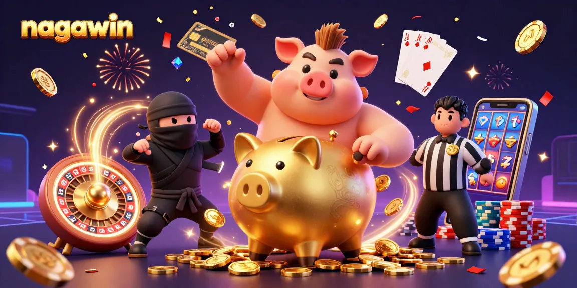 Experience thrilling gameplay with nagawin as the golden piggy bank sumo wrestler shakes loose coins in a dynamic casino scene.