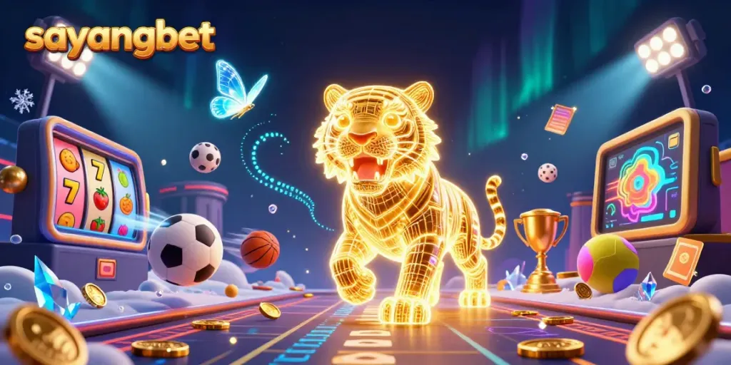Immerse in the vibrant universe of sayangbet with a neon tiger amidst dynamic casino elements and golden coins.