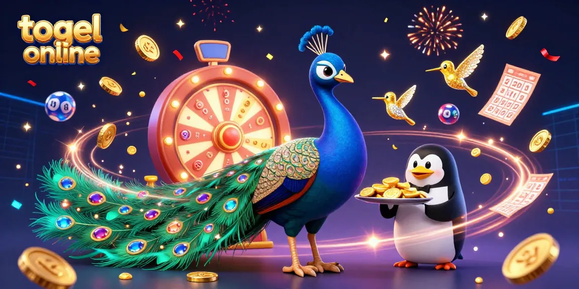 Engage with the thrilling world of togel online, featuring a colorful peacock, penguin, and hummingbird amid lottery excitement.