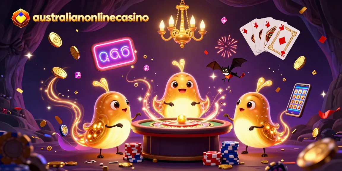 Play games and win at australianonlinecasino with a glowing team of bugs lighting a vibrant cave casino.