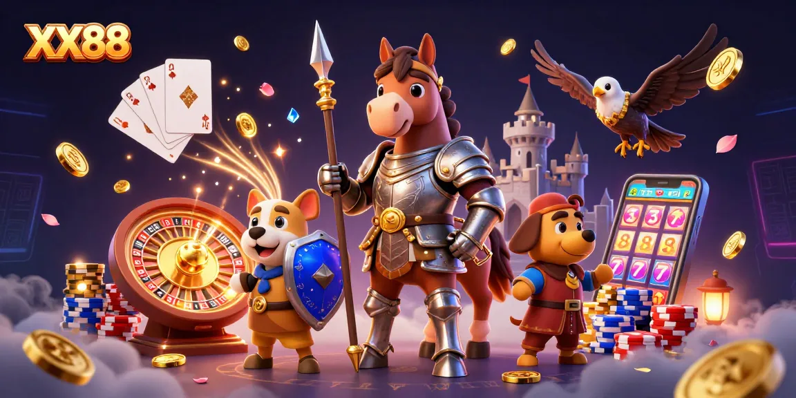 Experience epic gaming adventures with XX88, featuring a knight, squire, and falcon amidst casino elements.