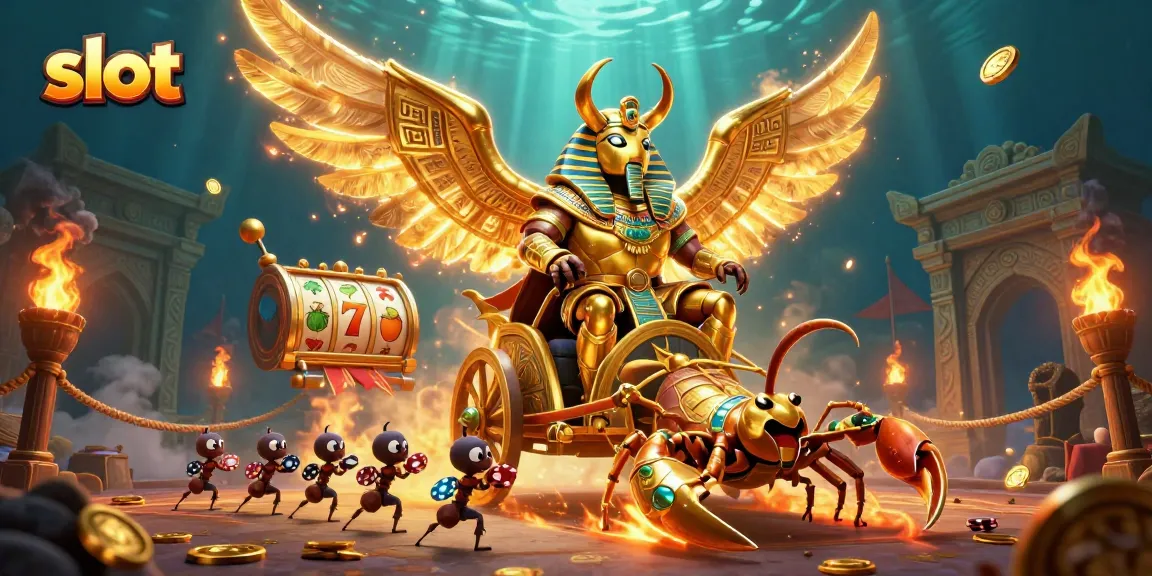 Spin winning slots with a colossal scarab beetle chariot in a vibrant casino setting.