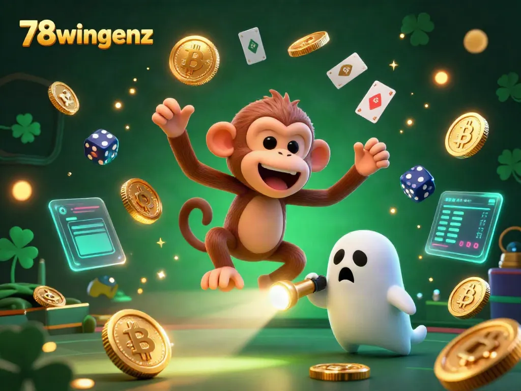 Experience the thrill of gambling at 78wingenz with this vibrant casino scene featuring playful characters and crypto elements.