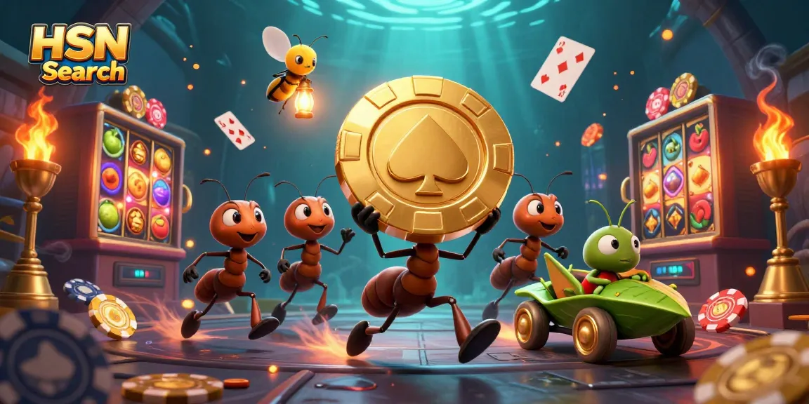 Experience the thrill of HSN Search with ants carrying a giant poker chip in a dynamic casino heist scene.