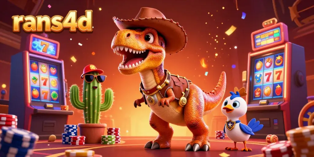 Menangkan slot di rans4d dengan dinosaur koboi, kaktus, dan burung roadrunner yang ceria!