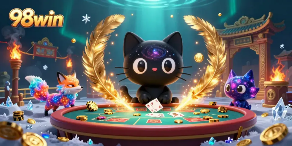 Engage with 98win’s vibrant casino scene featuring a black hole cat and nebula fox attracting golden chips.